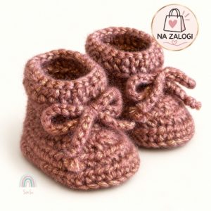 kvačkani copatki za novorojenčka z zlato nitko – rjavi